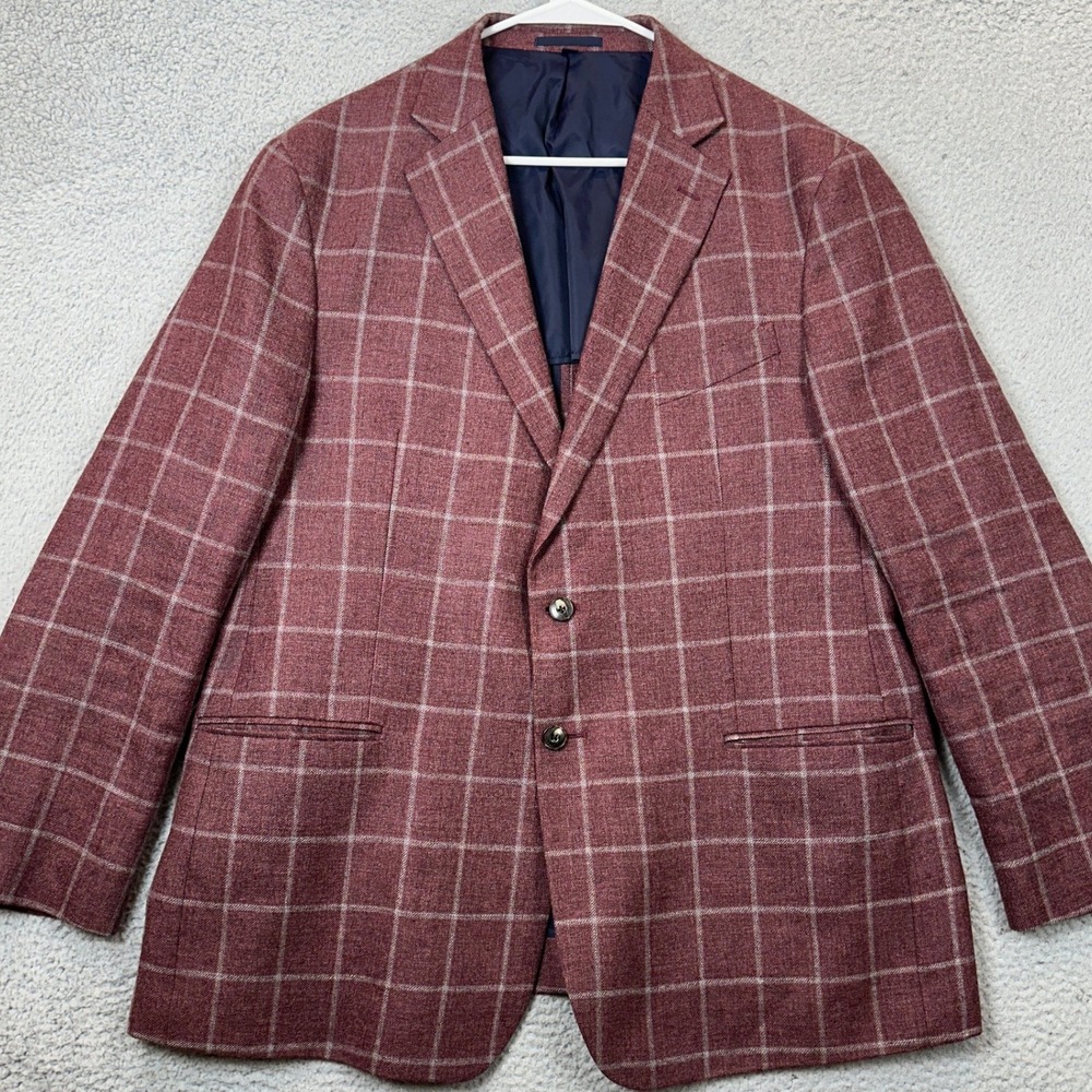 Jos. A. Bank Linen Wool Blazer Mens 46R 1905 Tailored Burgundy Windowpane EUC